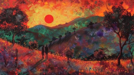 Poetic countryside landscape under a solar eclipse, glowing light casts over trees, flowers, and rolling hills and two figures
