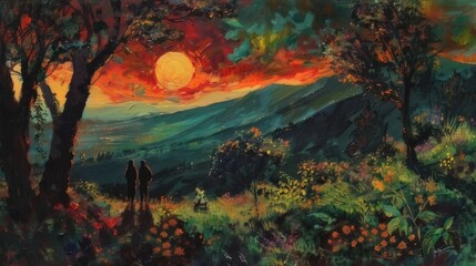Amid a poetic countryside landscape, a solar eclipse casts a glowing light over trees, flowers, rolling hills, and two figures
