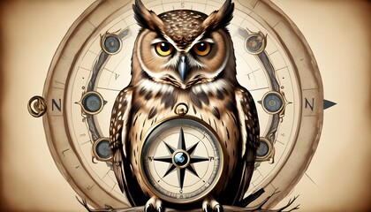 An-Owl-With-A-Compass-Symbolizing-Navigation-And- 2 - obrazy, fototapety, plakaty