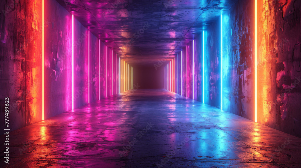 Poster 3d illustration. illuminated dark concrete surface surrounded by modern neon colour lights. computer