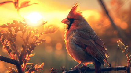 A cardinal framed against a golden sunset, its vibrant plumage contrasting with the warm hues of...