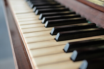 Closeup of an old piano keyboard 