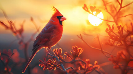 A cardinal framed against a golden sunset, its vibrant plumage contrasting with the warm hues of the sky