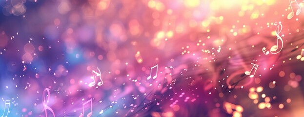 A group of musical notes floating in the air on a colorful background - obrazy, fototapety, plakaty