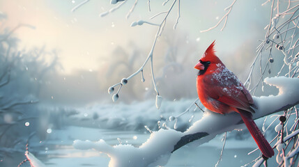 A cardinal resting on a snow-covered branch, with a serene winter landscape stretching into the distance