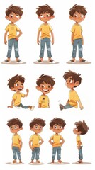 Character illustration of a young boy in different poses on a white background