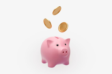 3D icon. Piggy bank with gold flying coins. Vector illustration of money storage in a cute and simple cartoon style.