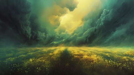 Obraz na płótnie Canvas a mesmerizing depiction of a canola field surrounded by a tumultuous sky using AI, with a focus on the dynamic interplay between the crops and the stormy atmosphere attractive look