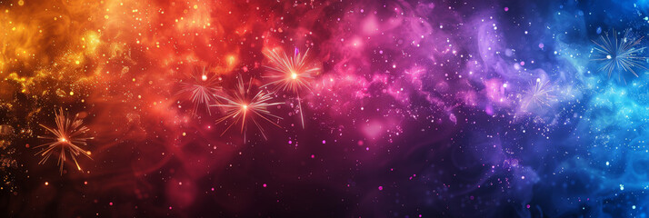 Happy New Year, Beautiful creative holiday background with fireworks and Sparkling, space for text, banner, colorful fireworks with bokeh light background
