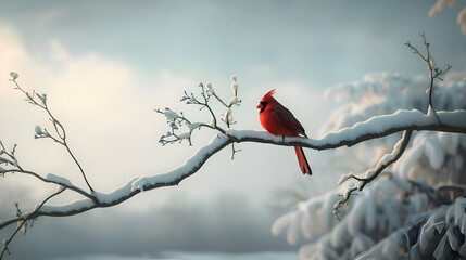 A cardinal resting on a snow-covered branch, with a serene winter landscape stretching into the...