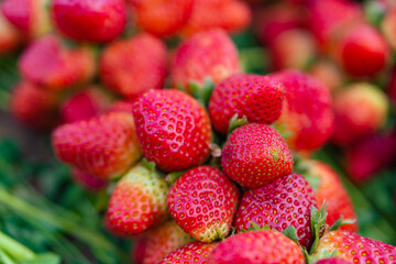 close up red ripe strawberries background top view.