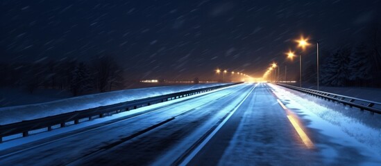 Obraz premium winter highway at night shined with lamps