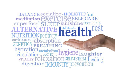 Words associated with Alternative Health - male open palm with the word HEALTH floating above surrounded by a relevant word cloud isolated on a white background 
