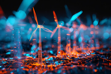 A captivating wireframe visualization set against a luminous translucent backdrop, showcasing a futuristic wind turbine concept - obrazy, fototapety, plakaty