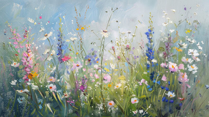 Sultry landscape. A field against the sky. Bright wildflowers. Oil painting. Generative AI.