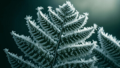 Illustrate a hyper-realistic close-up image of frost-covered fern leaves with the intricate detail of the ice crystals clearly visible