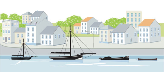 kleiner Hafen mit Segelschiff Illustration