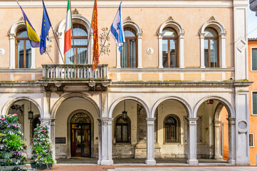 Obraz premium Mestre, province of Venice, Italy. Photograph with the facade of a beautiful building in the center of the city. Hole taken in March 2024.