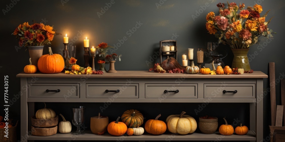 Poster console table adorned with pumpkins and candles generative ai