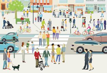 Stadtsilhouette mit Menschengruppen in der Freizeit im Wohnviertel, Illustration - 777443206