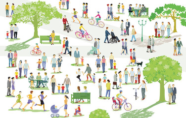 Erholung im Park  mit Familien und andere Personen, Illustration - 777443210