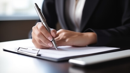 
Closeup of business woman using and touching on mobile smart phone during working at home office with laptop computer on office table