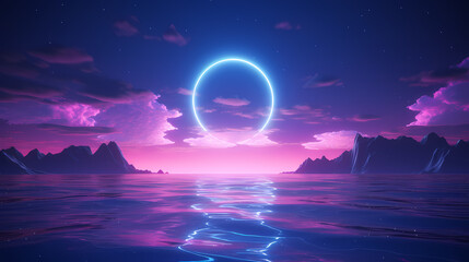 Obraz na płótnie Canvas retro futuristic abstract ocean scenery with blue and violet neon circle 3D rendering illustration