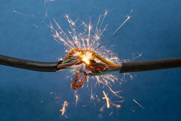 Sparks explosion between electrical cables, on blue background, fire hazard concept, soft focus...