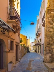 Street in the old Venetian port town in Greece (Chania, Crete, Greece) - obrazy, fototapety, plakaty