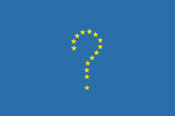 Question mark made of yellow stars on blue background, european union flag, uncertainty concept