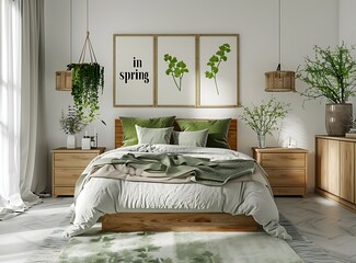 Nordic style bedroom with green pillows, white walls and wooden furniture