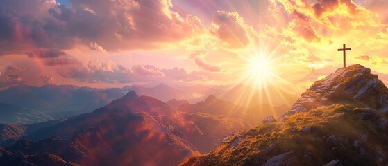 On a colorful sky background, silhouettes of crucifix symbols are positioned on top of a mountain with bright sunbeams - obrazy, fototapety, plakaty