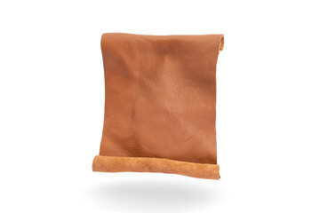 Opened genuine leather scroll levitating and isolated on white background, abstract textured backdrop