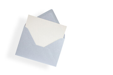 Opened silver envelope with emerging gray card, isolated on white background