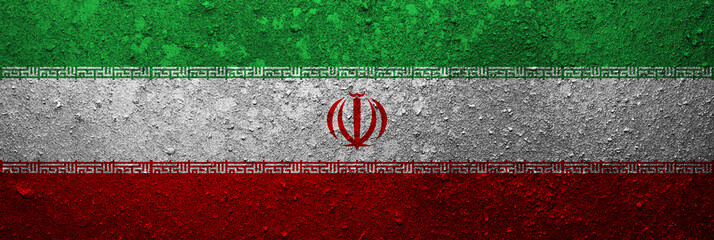 Banner of the grunge Iran flag. Dirty Iranian flag on a metal surface.