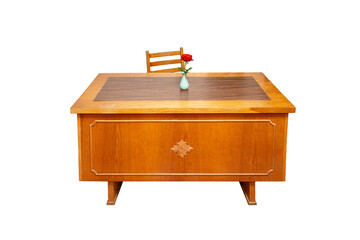 Retro wooden desk with a chair and a vase with a red rose, front view isolated on white background