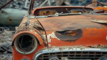 The decaying frame of an old, abandoned car with peeling orange paint sits forgotten, telling a story of neglect and the past.