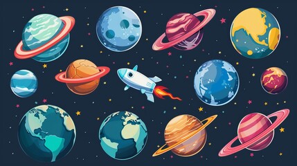 Outer Space Set: Earth, Alien Planets, Rocket, UFO - obrazy, fototapety, plakaty
