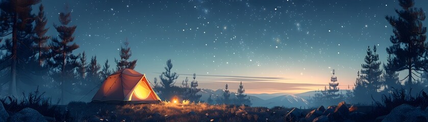 Enchanting Backyard Camping Under the Starry Night Sky with a Cozy Tent and Warm Campfire - obrazy, fototapety, plakaty