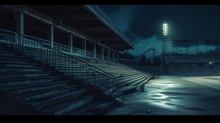 an AI-generated piece portraying an abandoned stadium at dusk, featuring the stark contrast between the dark, empty seating and the lingering glow of flashlights attractive look