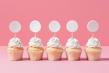 Five vanilla cupcakes with fluffy white frosting and blank circular toppers ready for customization, on a pink background. - obrazy, fototapety, plakaty
