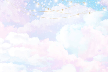 Angelic heaven clouds vector design backgrounds. Winter fairytale backdrops. Plane sky view with white snow. Watercolor frozen style texture. Lights garland. Elegant decoration. Fantasy pastel color