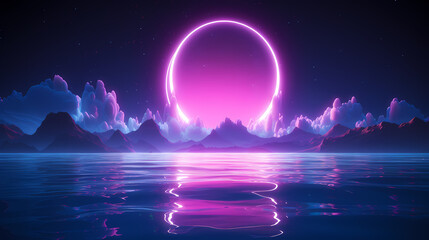 retro futuristic abstract ocean scenery with blue and violet neon circle 3D rendering illustration