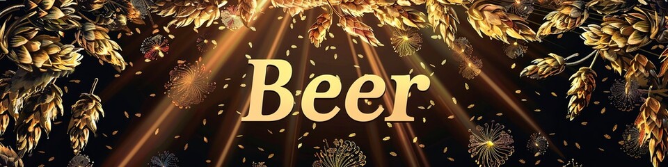 An energetic burst of hop flowers and golden barley, radiating outwards, symbolizing the essence of brewing, with the Beer crystallized at the epicenter in bold letters