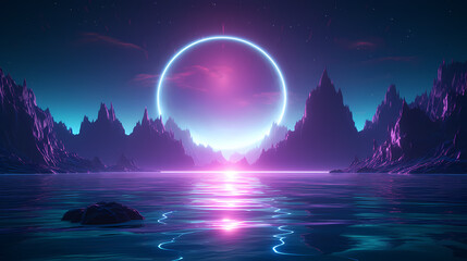 retro futuristic abstract ocean scenery with blue and violet neon circle 3D rendering illustration - obrazy, fototapety, plakaty