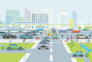 Stadtsilhouette einer Stadt mit Verkehr  und Personen, illustrati