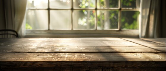 A cross-over wood table with a window light - obrazy, fototapety, plakaty