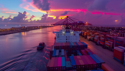 port with colorful containers being carefully loaded onto a large cargo ship, symbolizing the efficiency and global reach of import and export - obrazy, fototapety, plakaty