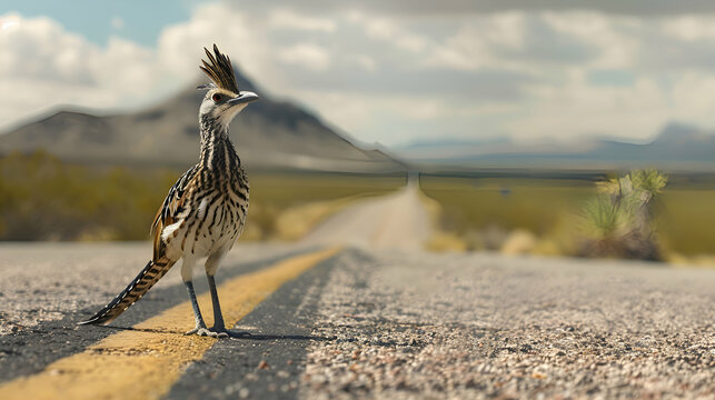 A close-up of a Roadrunner standing on an empty road, with its feathers ruffled by a gentle breeze and distant mountains in the blurred background