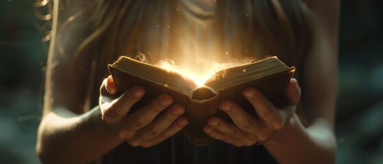 Women's hands hold a book and light comes from it. Concept of wisdom, reading, imagination, and religion.